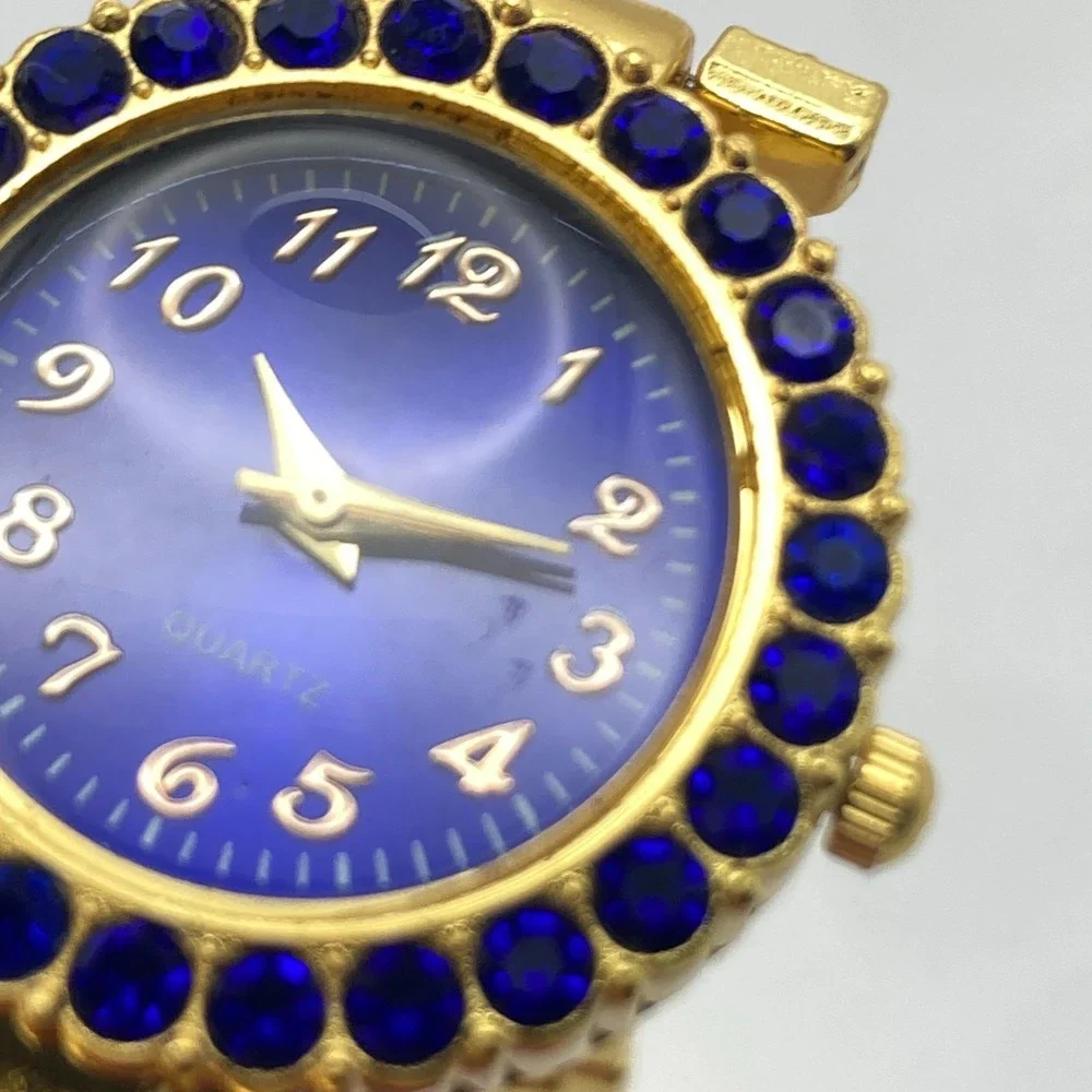 Modern Women's Watch 29mm Gold Tone Blue Crystals Bling Round New Battery 7.25